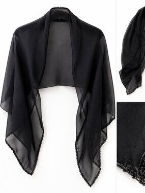 Elegant Black Sheer Beaded Evening Shawl Wrap Wedding Formal Cover-Up